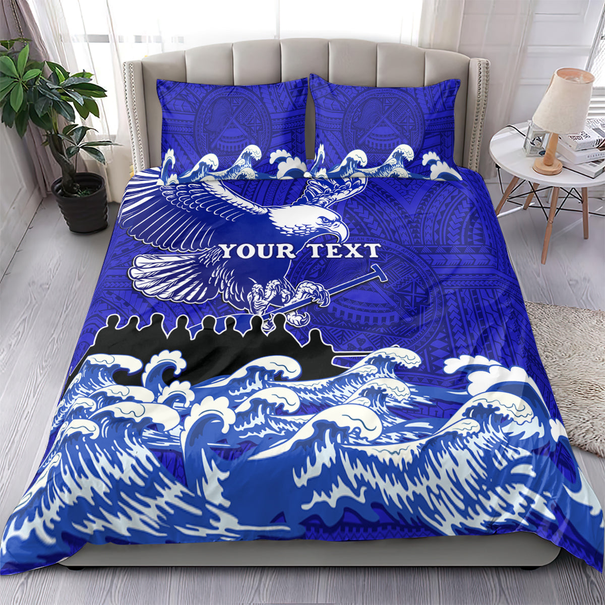Blue eagle bedding set with white wave and cloud design, Polynesian pattern, two pillowcases