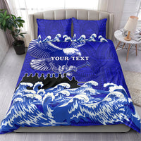 Blue eagle bedding set with white wave and cloud design, Polynesian pattern, two pillowcases