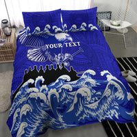 Blue duvet cover and pillowcase bedding set with eagle, sword, waves, and Polynesian motifs