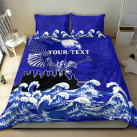 Blue eagle race bedding set with Polynesian pattern, waves and clouds, includes two pillowcases