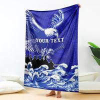 Blue eagle race blanket with Polynesian pattern, wave graphics, and "YOUR TEXT"