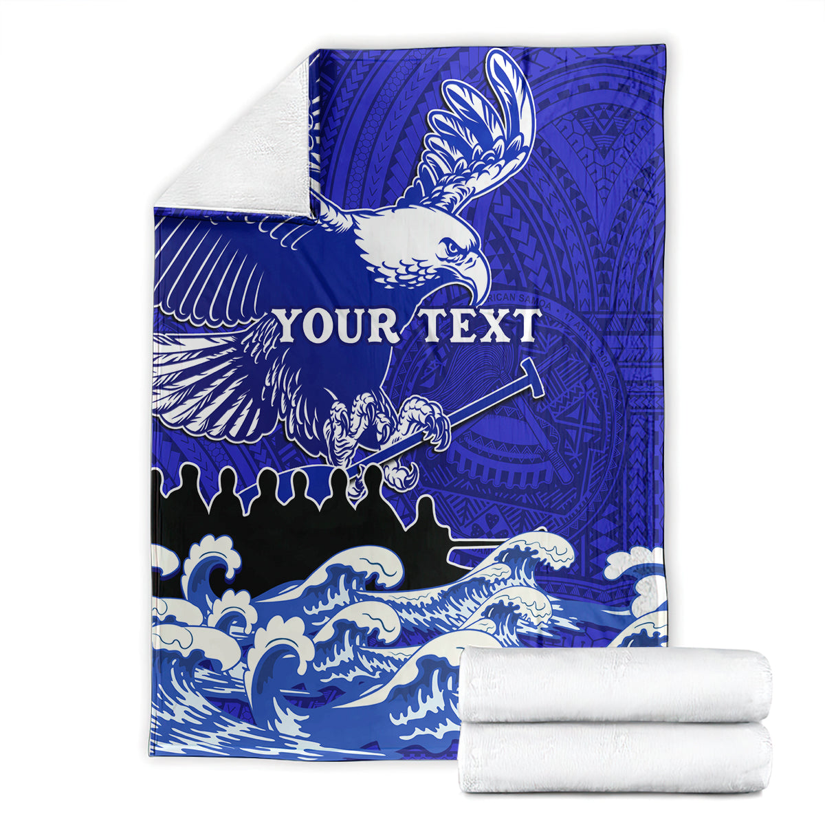 Folded blue eagle race blanket with Polynesian pattern, waves, and "YOUR TEXT"