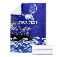 Folded blue eagle race blanket with Polynesian pattern, waves, and "YOUR TEXT"