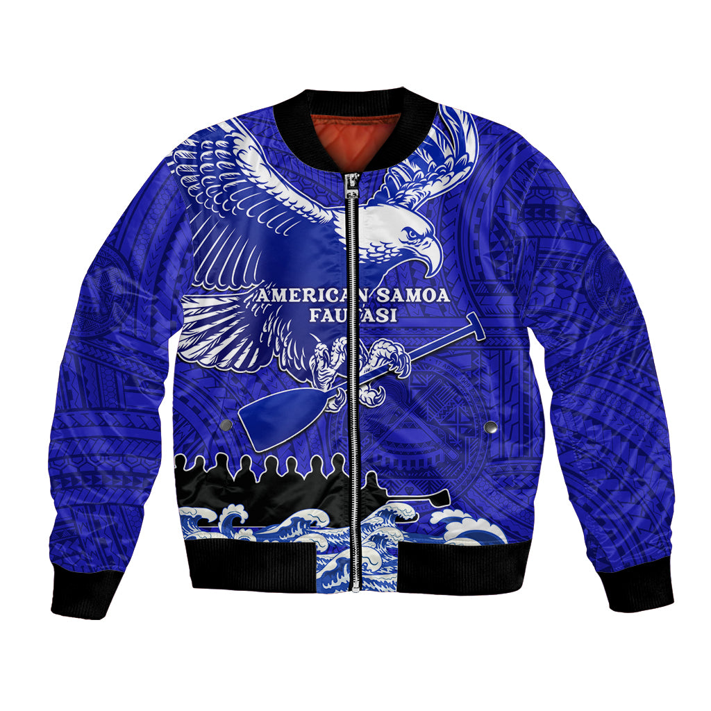 Blue bomber jacket with front zipper, eagle print, and Polynesian pattern text
