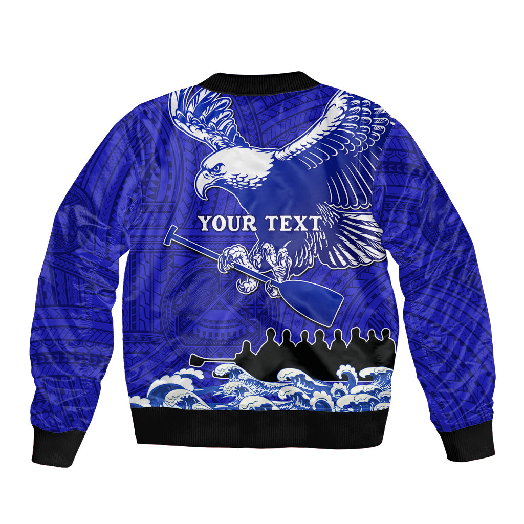 Blue bomber jacket back with eagle design, 'YOUR TEXT' lettering, and wave pattern
