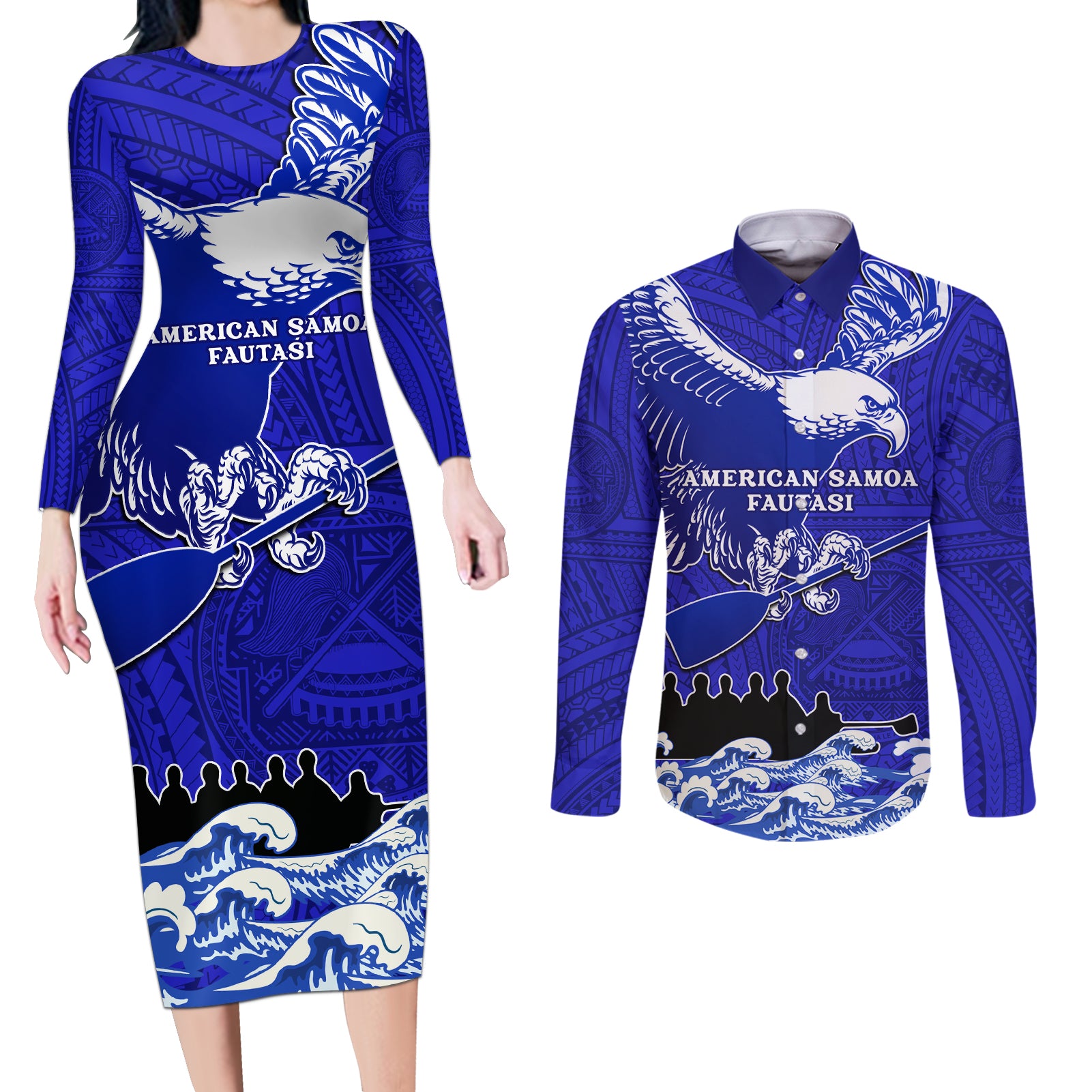 Personalised American Samoa Fautasi Race Couples Matching Long Sleeve Bodycon Dress and Long Sleeve Button Shirts Eagle With Polynesian Pattern - Wonder Print Shop