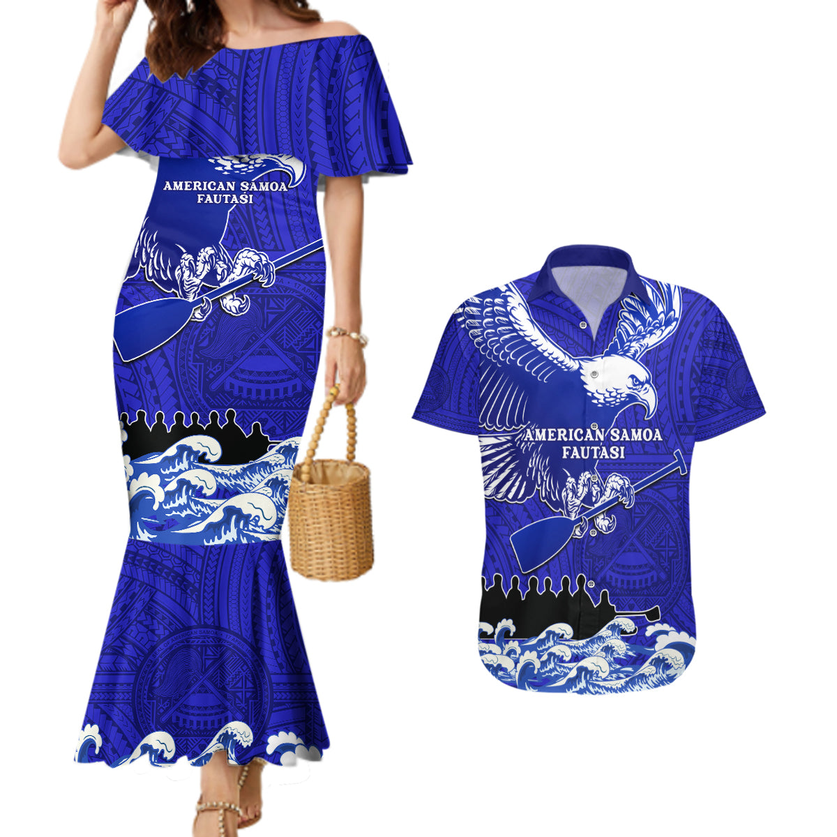 Personalised American Samoa Fautasi Race Couples Matching Mermaid Dress and Hawaiian Shirt Eagle With Polynesian Pattern - Wonder Print Shop