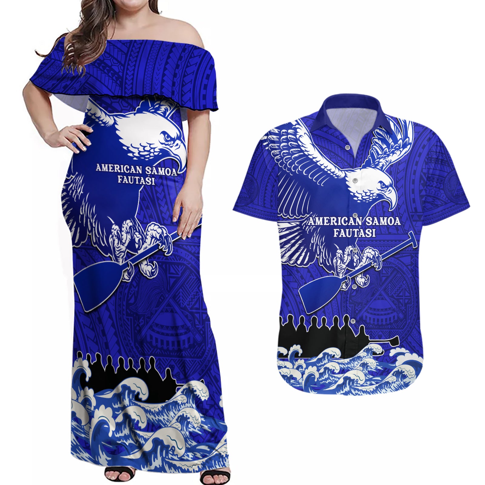 Personalised American Samoa Fautasi Race Couples Matching Off Shoulder Maxi Dress and Hawaiian Shirt Eagle With Polynesian Pattern - Wonder Print Shop