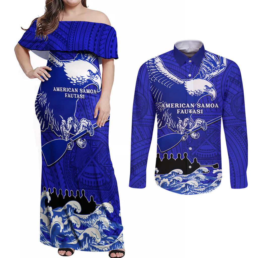 Personalised American Samoa Fautasi Race Couples Matching Off Shoulder Maxi Dress and Long Sleeve Button Shirts Eagle With Polynesian Pattern - Wonder Print Shop