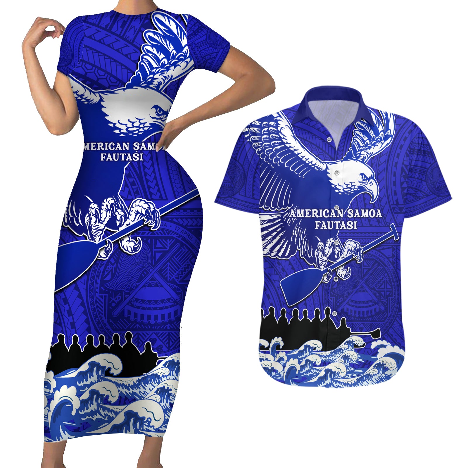 Personalised American Samoa Fautasi Race Couples Matching Short Sleeve Bodycon Dress and Hawaiian Shirt Eagle With Polynesian Pattern - Wonder Print Shop