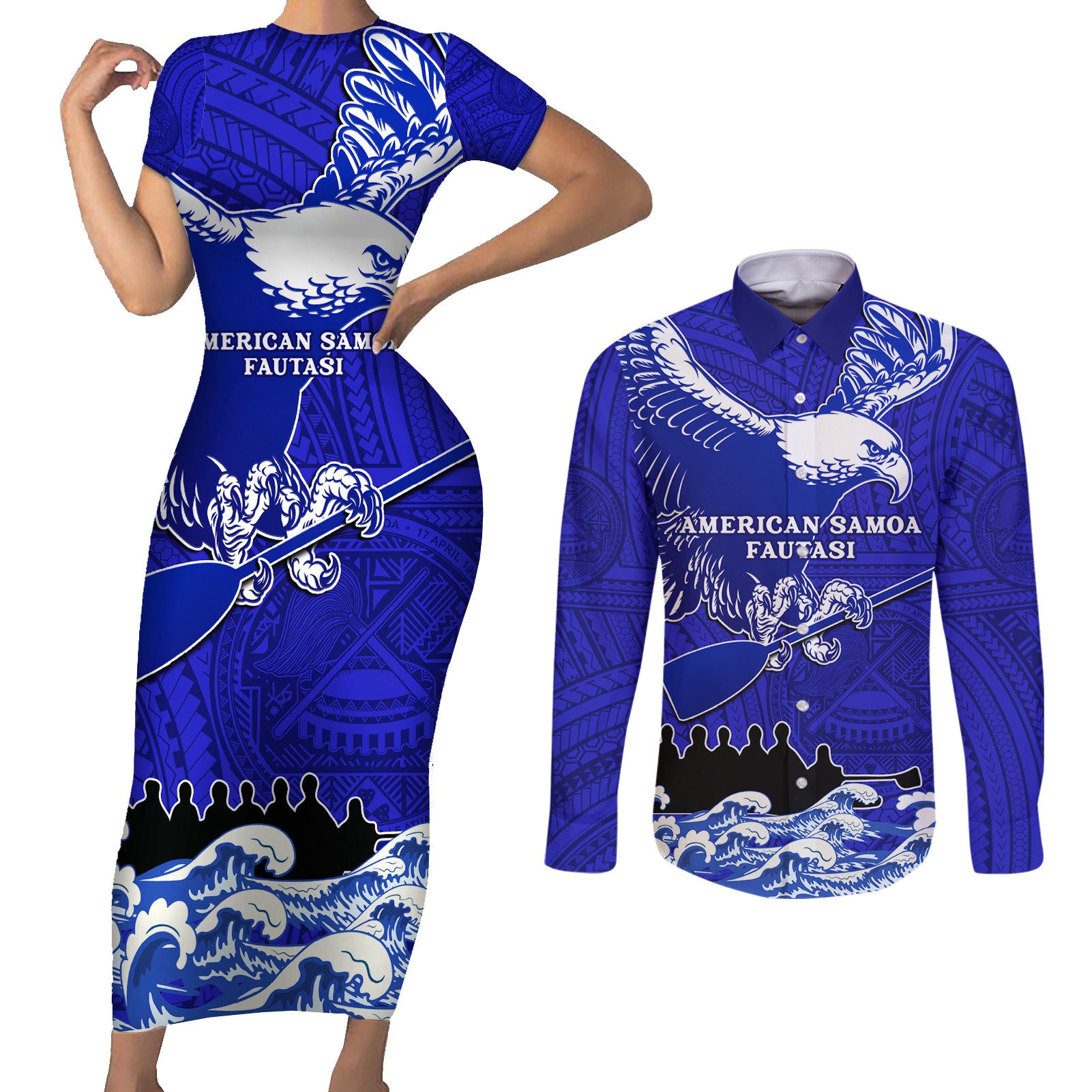 Personalised American Samoa Fautasi Race Couples Matching Short Sleeve Bodycon Dress and Long Sleeve Button Shirts Eagle With Polynesian Pattern - Wonder Print Shop