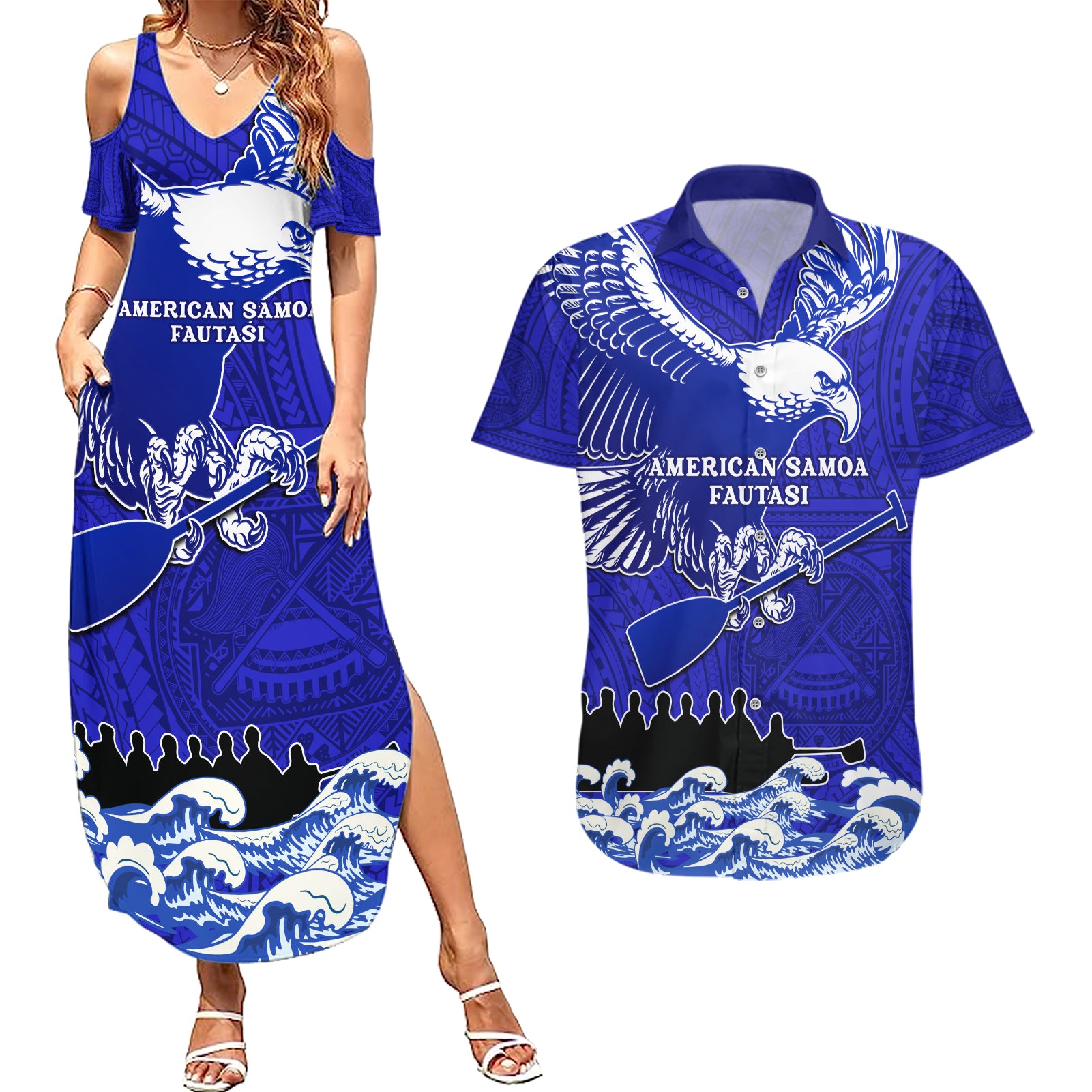 Personalised American Samoa Fautasi Race Couples Matching Summer Maxi Dress and Hawaiian Shirt Eagle With Polynesian Pattern - Wonder Print Shop