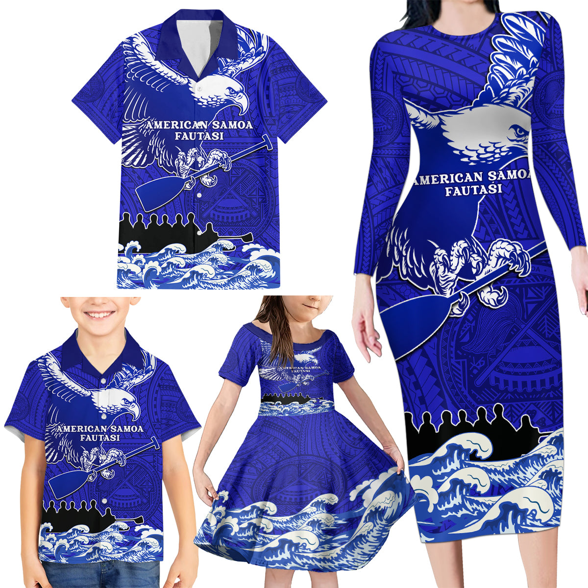 Personalised American Samoa Fautasi Race Family Matching Long Sleeve Bodycon Dress and Hawaiian Shirt Eagle With Polynesian Pattern - Wonder Print Shop