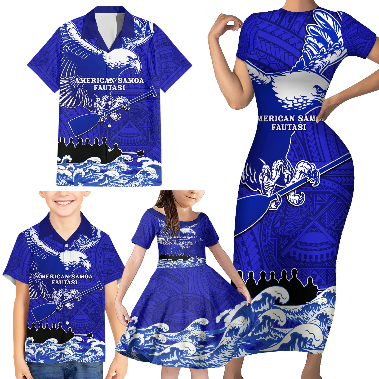 Personalised American Samoa Fautasi Race Family Matching Short Sleeve Bodycon Dress and Hawaiian Shirt Eagle With Polynesian Pattern - Wonder Print Shop