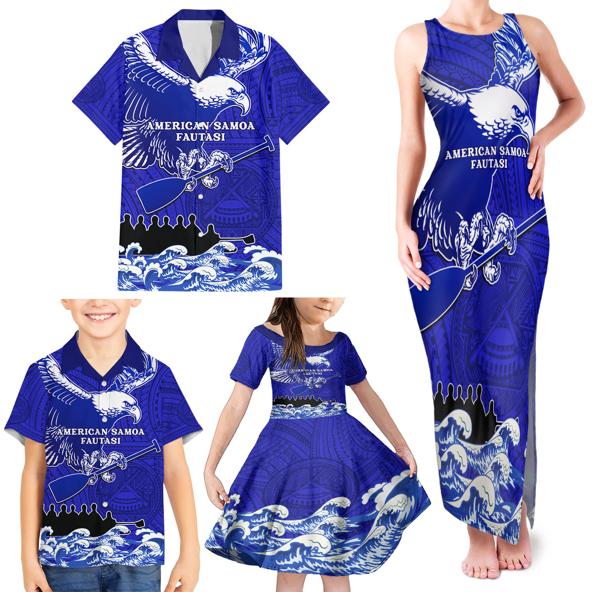 Personalised American Samoa Fautasi Race Family Matching Tank Maxi Dress and Hawaiian Shirt Eagle With Polynesian Pattern - Wonder Print Shop