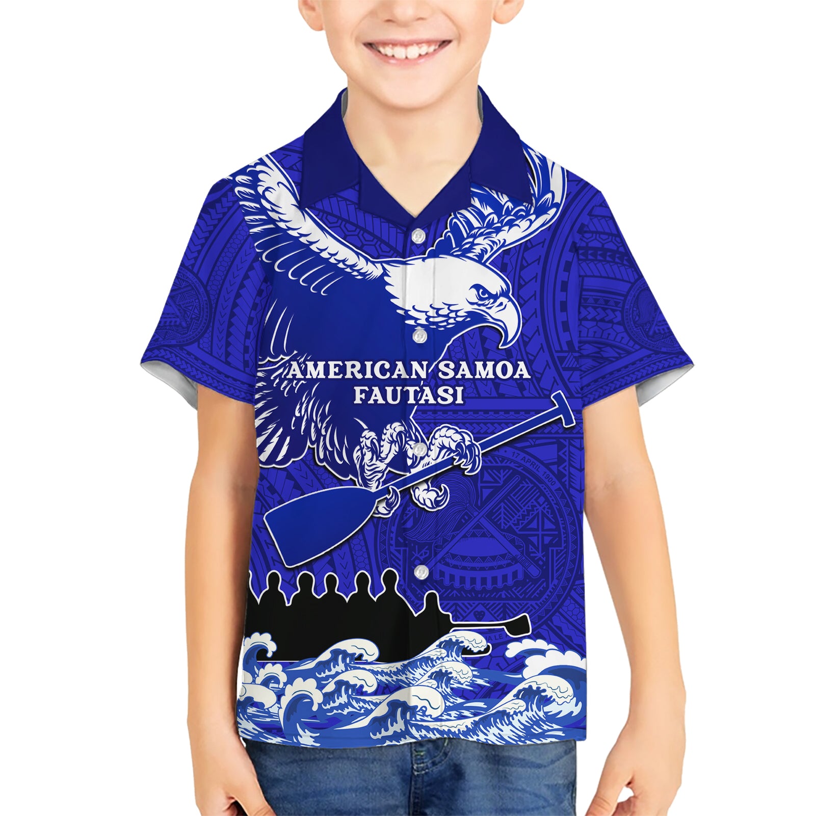 Personalised American Samoa Fautasi Race Kid Hawaiian Shirt Eagle With Polynesian Pattern - Wonder Print Shop