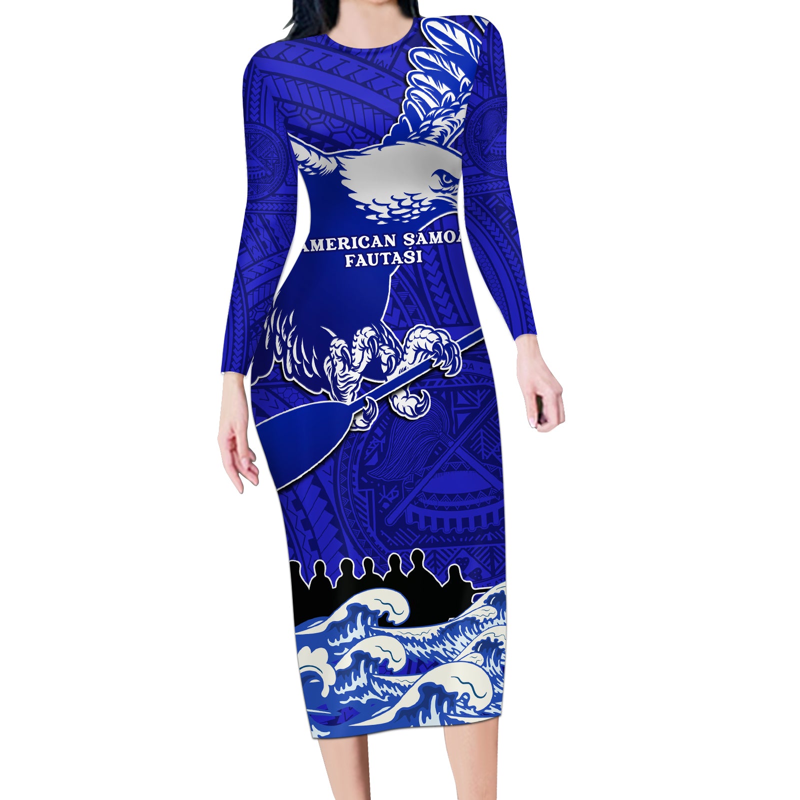 Personalised American Samoa Fautasi Race Long Sleeve Bodycon Dress Eagle With Polynesian Pattern - Wonder Print Shop