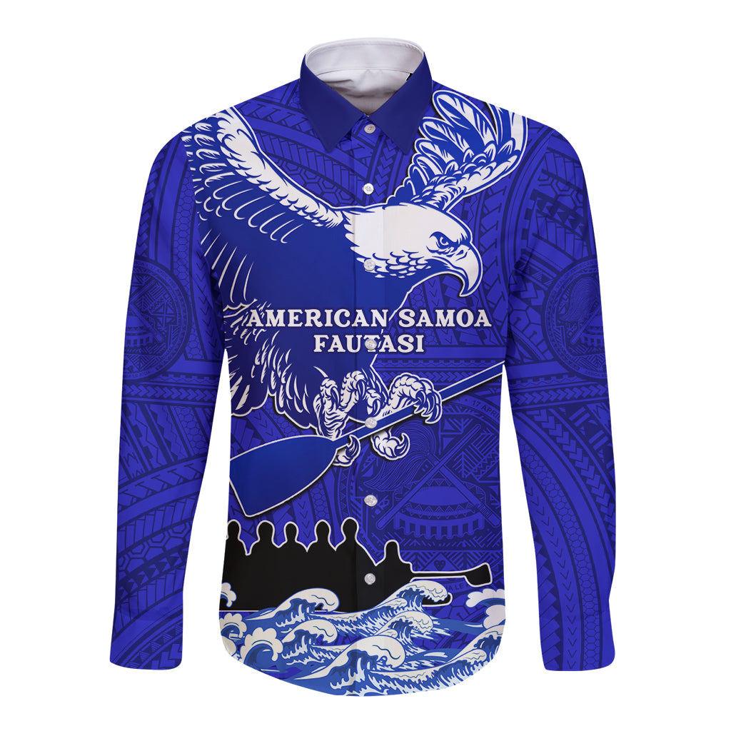 Blue long-sleeve button shirt with eagle front graphic and Polynesian pattern
