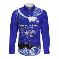 Blue long-sleeve button shirt with eagle front graphic and Polynesian pattern