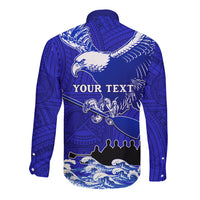 Blue long-sleeve button shirt with back eagle graphic, YOUR TEXT, and waves
