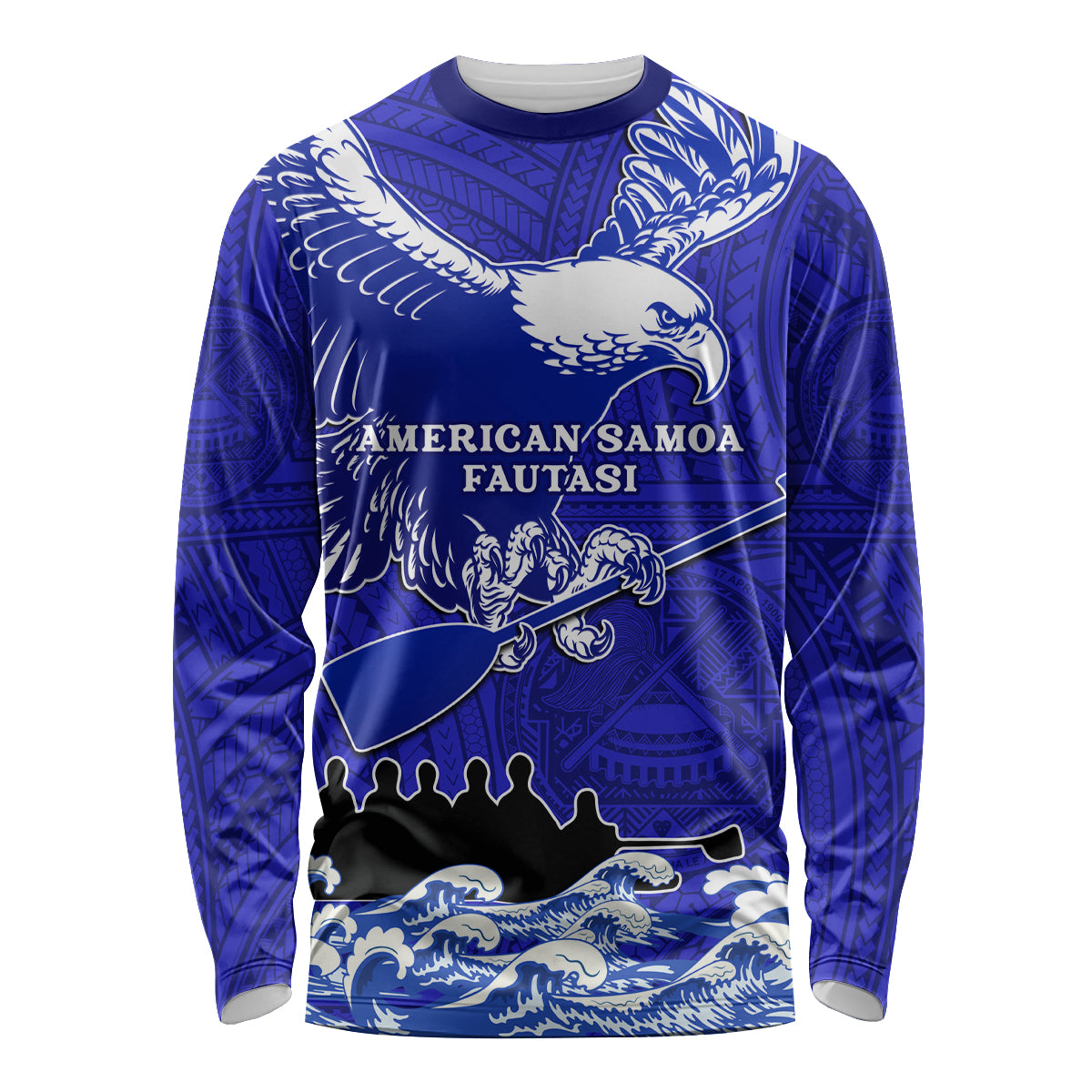 Personalised American Samoa Fautasi Race Long Sleeve Shirt Eagle With Polynesian Pattern - Wonder Print Shop