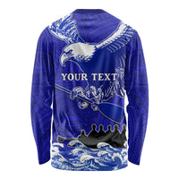 Blue long-sleeve race shirt with eagle back graphic and 'YOUR TEXT' panel