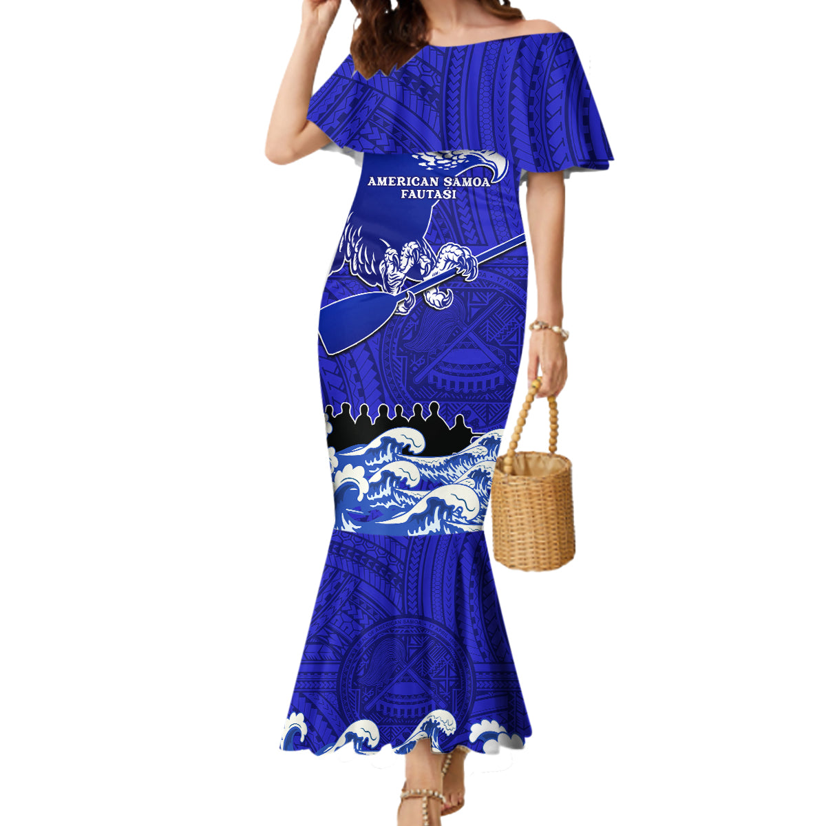 Personalised American Samoa Fautasi Race Mermaid Dress Eagle With Polynesian Pattern - Wonder Print Shop