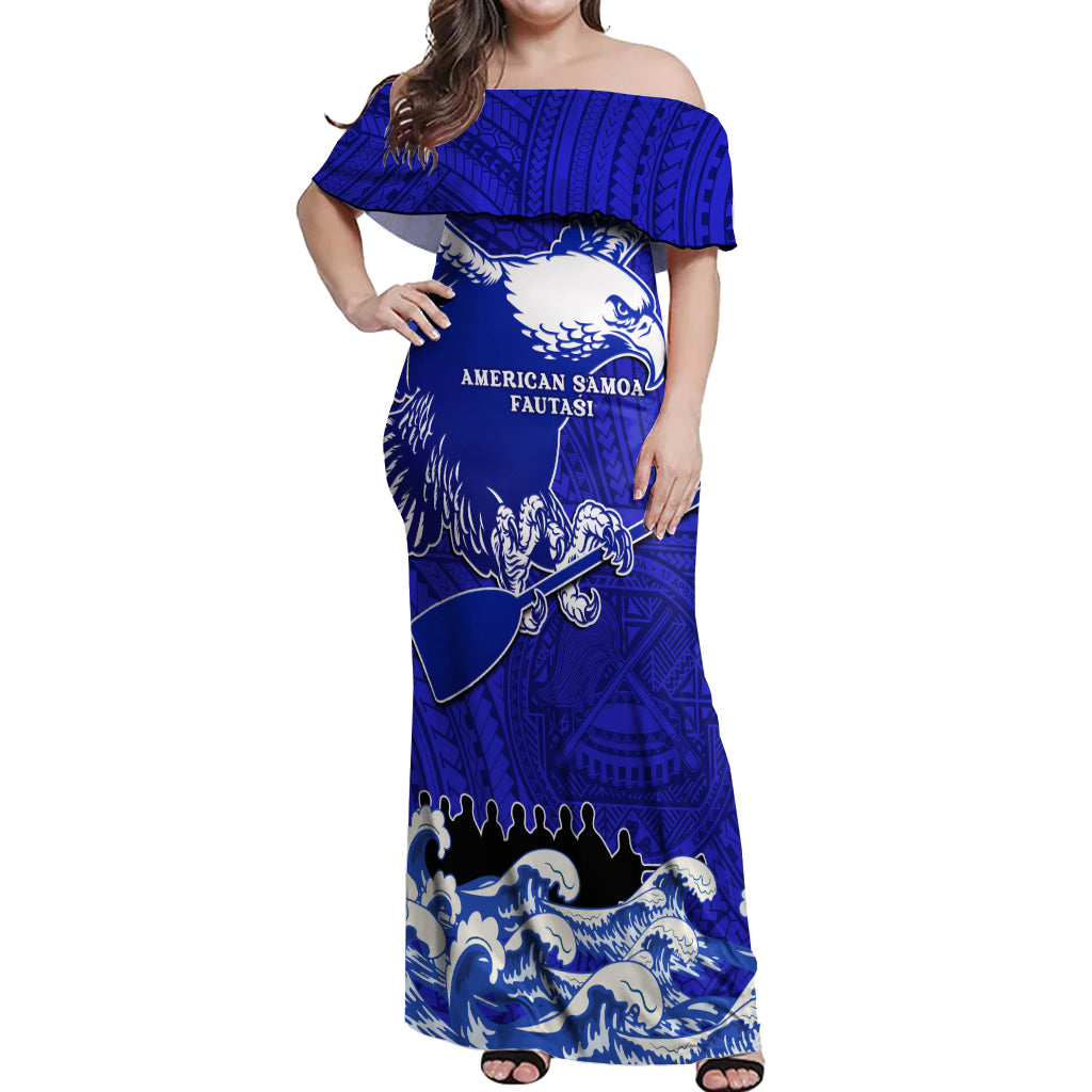 Personalised American Samoa Fautasi Race Off Shoulder Maxi Dress Eagle With Polynesian Pattern - Wonder Print Shop