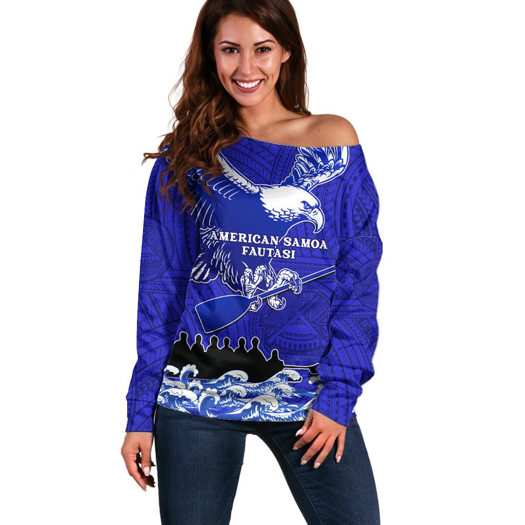 Personalised American Samoa Fautasi Race Off Shoulder Sweater Eagle With Polynesian Pattern - Wonder Print Shop