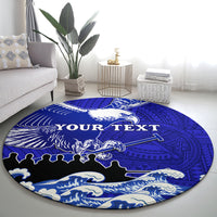 Round blue area rug with eagle and wave design, Polynesian pattern, custom text