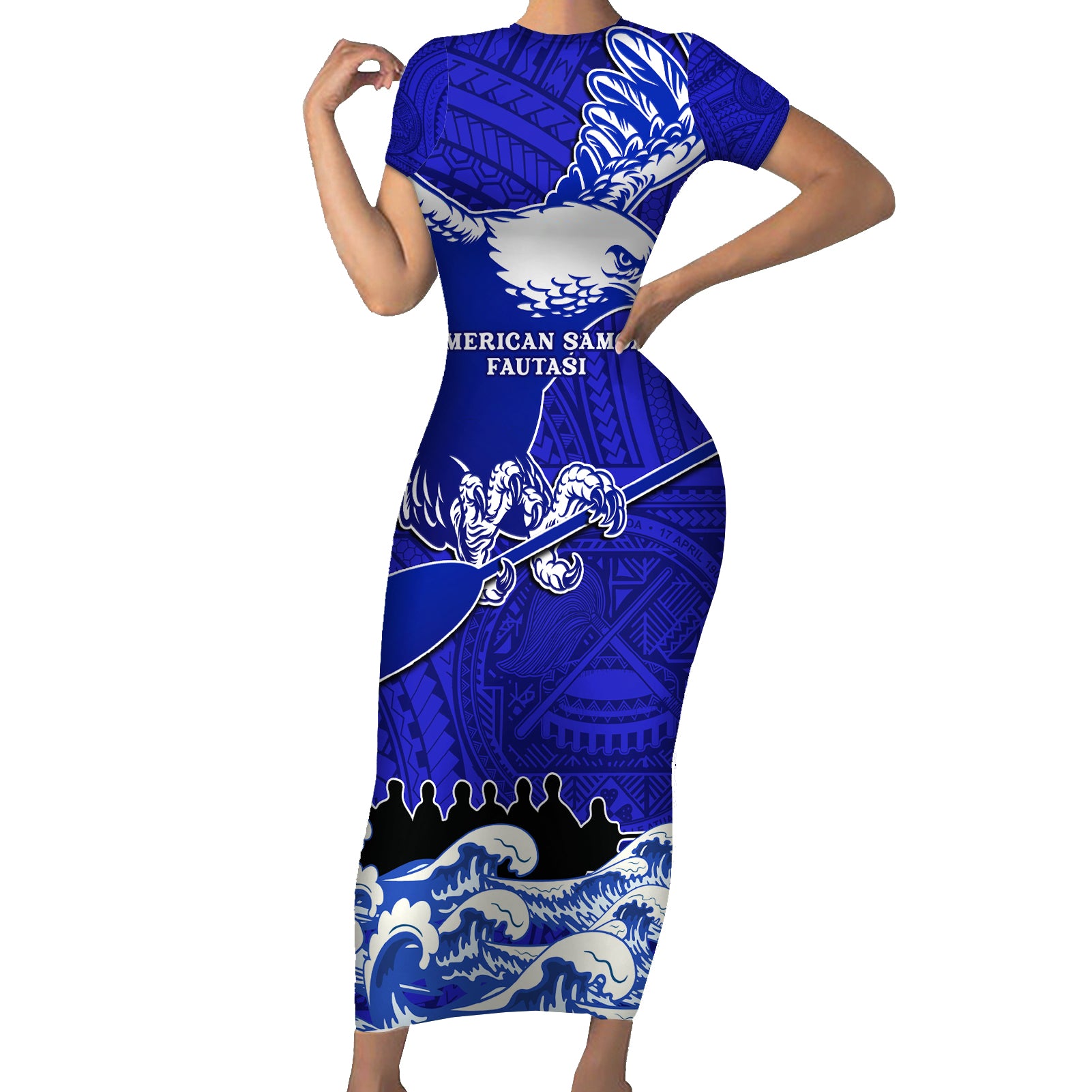 personalised-american-samoa-fautasi-race-short-sleeve-bodycon-dress-eagle-with-polynesian-pattern