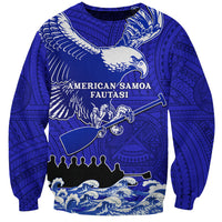 Personalized American Samoa race sweatshirt, blue front with eagle, Polynesian pattern, text