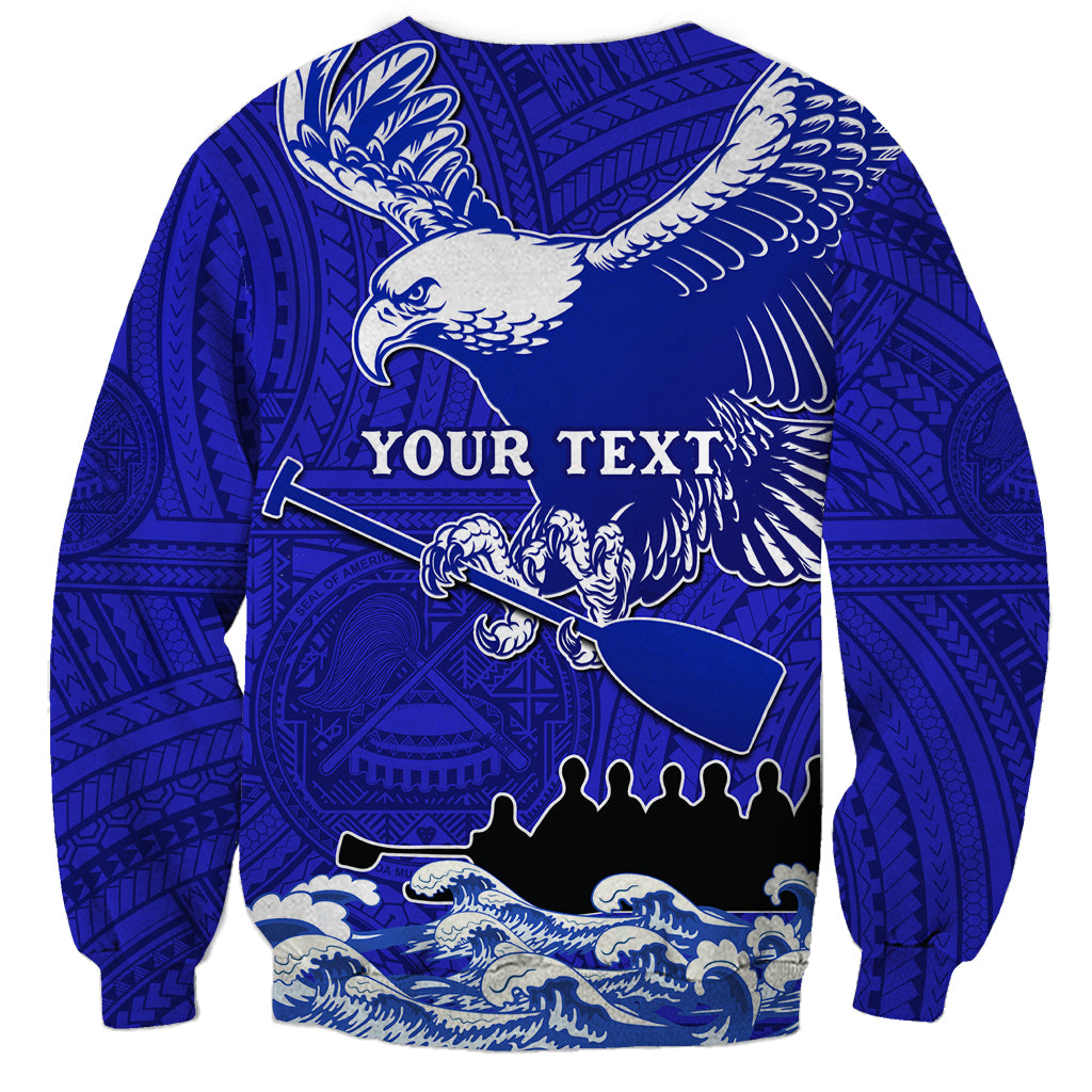 Personalized race sweatshirt, blue back with eagle graphic, Polynesian pattern and your text