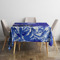 Blue eagle Polynesian pattern tablecloth spread on table with matching drape edges