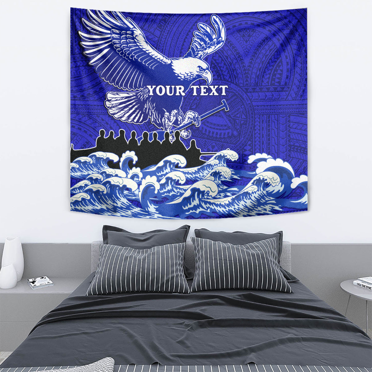 Blue eagle tapestry wall hanging with Polynesian pattern, waves, and centered text
