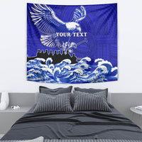 Blue eagle tapestry wall hanging with Polynesian pattern, waves, and centered text