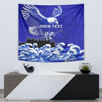 Blue eagle tapestry wall hanging with sword, waves, and Polynesian geometric background