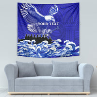 Blue eagle tapestry wall hanging with waves and Polynesian motif, text across center