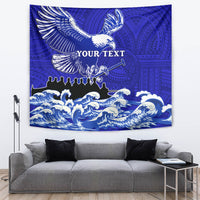 Blue eagle tapestry wall hanging with waves and Polynesian pattern, bold central text