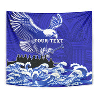 Blue eagle tapestry wall hanging with spread wings, waves, and Polynesian motif