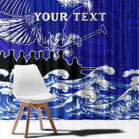 Blue eagle-themed window curtain with white Polynesian wave pattern and bold custom text
