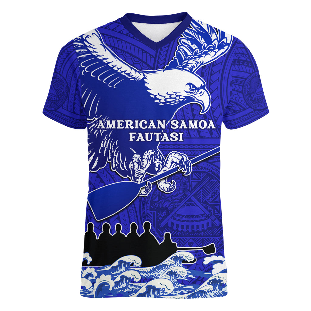 personalised-american-samoa-fautasi-race-women-v-neck-t-shirt-eagle-with-polynesian-pattern