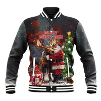 Black unisex baseball jacket with striped collar, ribbed cuffs, and Merry Moose-Mas front graphic