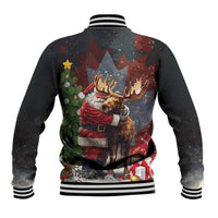 Black unisex baseball jacket with striped collar and back graphic of Santa hugging a moose