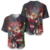 Two black baseball jerseys with Merry Moose-Mas and Santa-moose holiday graphics, short sleeves.