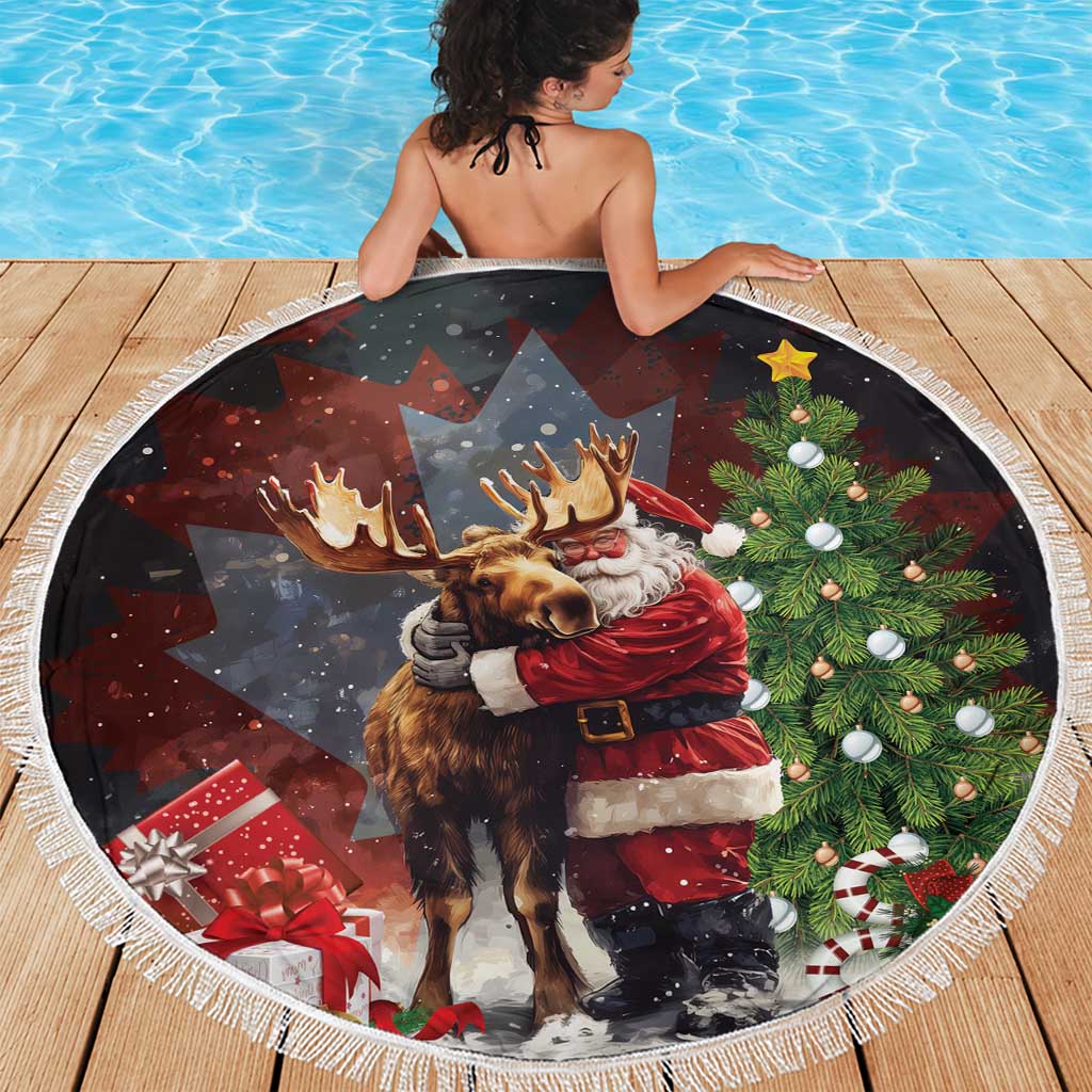 Round beach blanket with Santa hugging moose on dark design, white fringe border, 150cm.