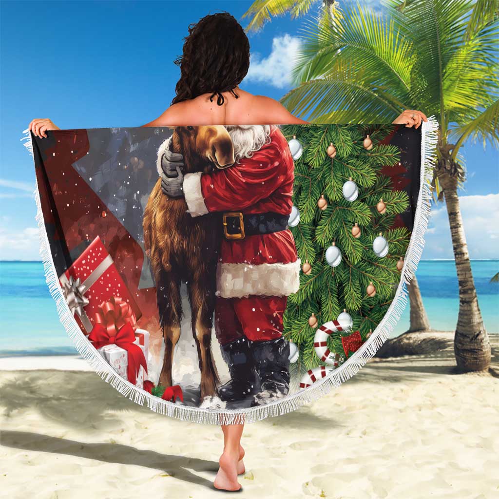 Round beach blanket showing Santa and moose beside Christmas gifts, dark print, 150cm, fringe.