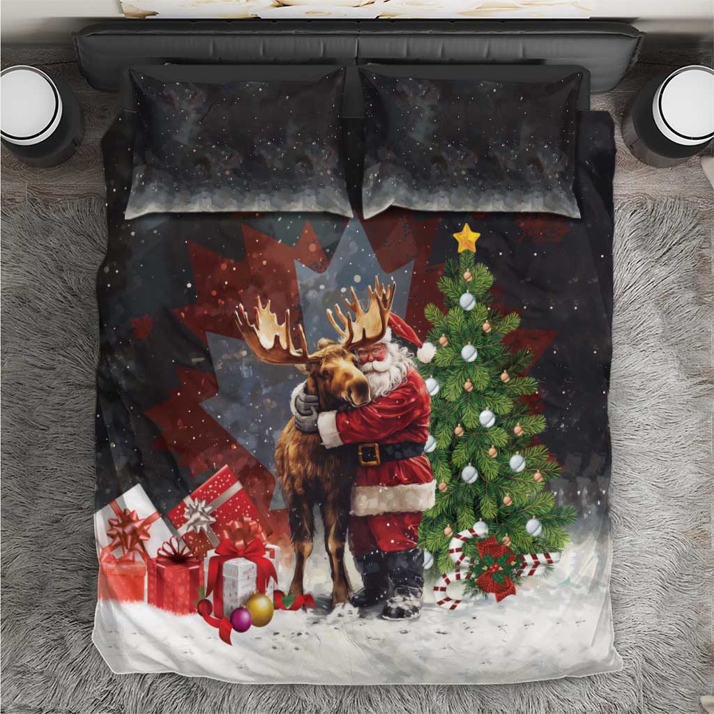 Black Christmas bedding set with Santa hugging a moose, tree, and gifts print.