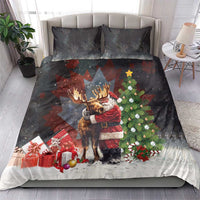 Black Christmas duvet cover set showing Santa hugging a moose, fir tree, and presents.