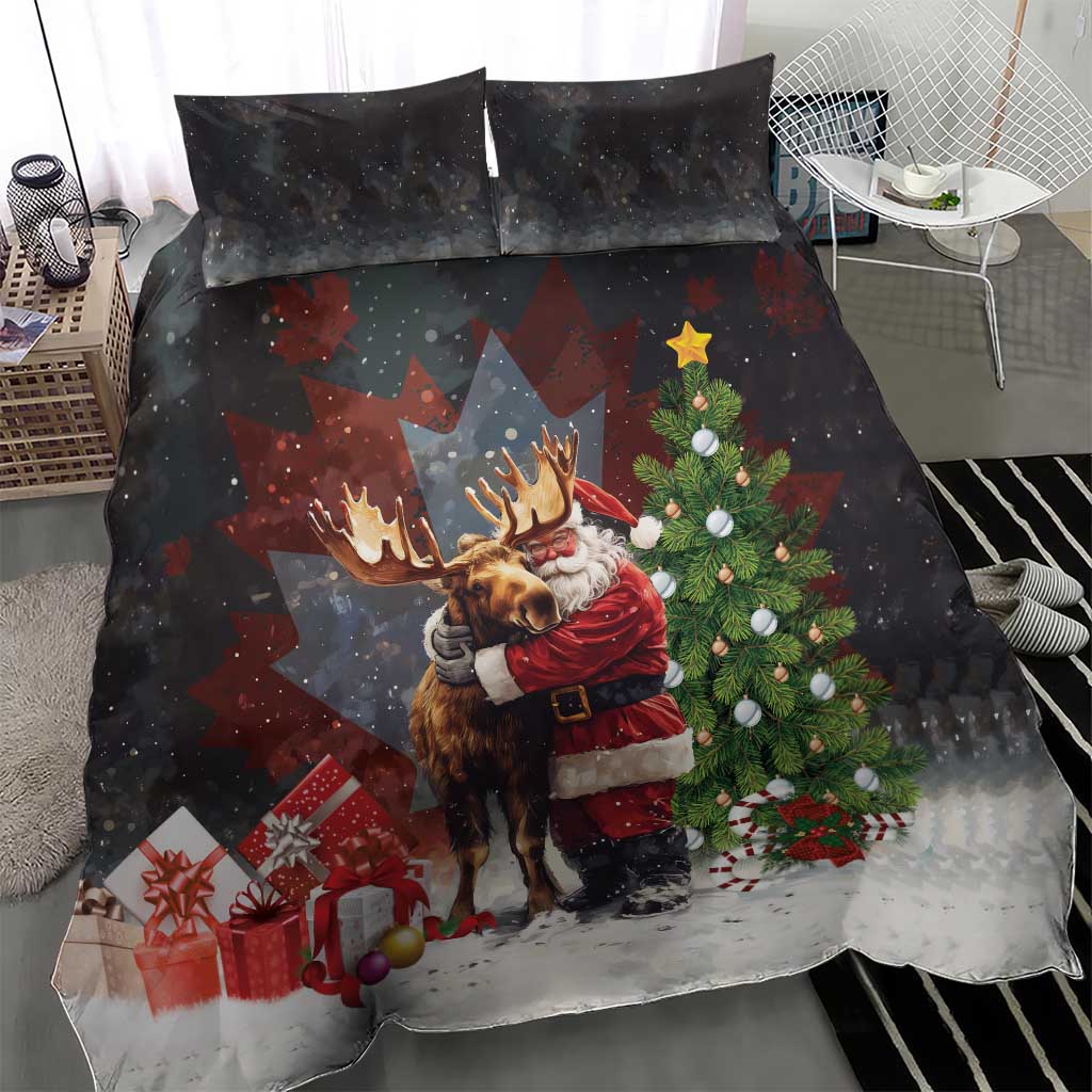 Black Christmas bedding set with Santa, moose, holiday tree, and gift box scene.